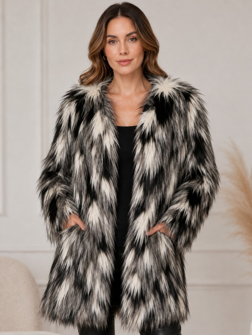 Adrienne Landau Faux Fur Coat Black White Gray Abstract Women’s Size L